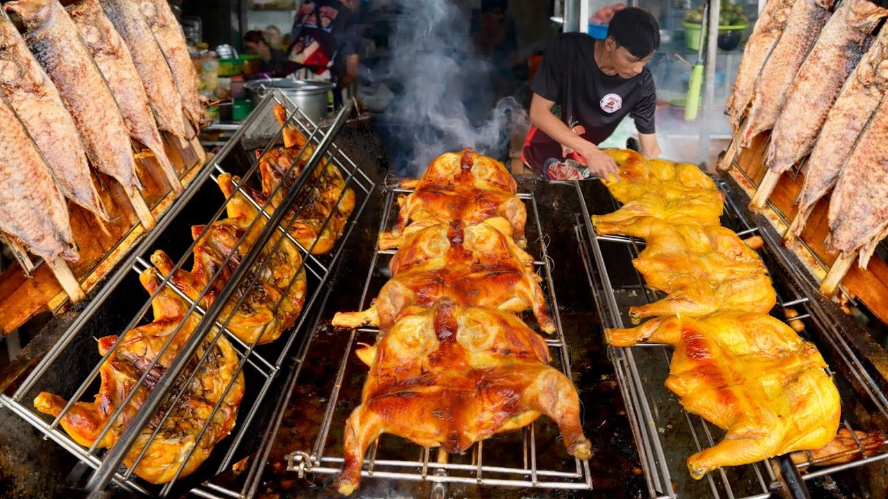 Распродано! 100 кг жареной курицы и рыбы с салатом сом там | Тайская уличная еда