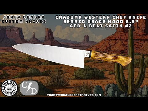 Corey Dunlap Custom Knives: Inazuma Western Chef Knife - Seared Osage Wood 8.5