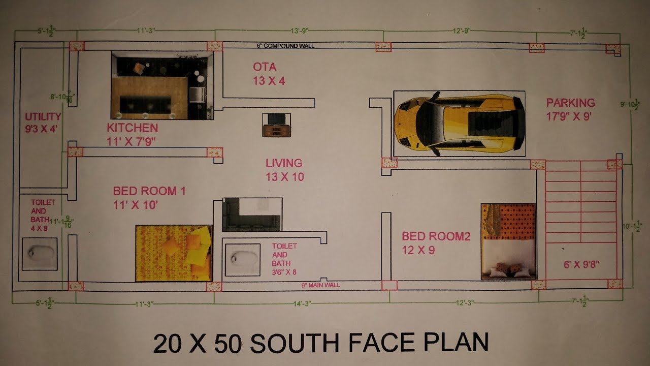 2bhk 20 × 50 South Face house plan map naksha YouTube