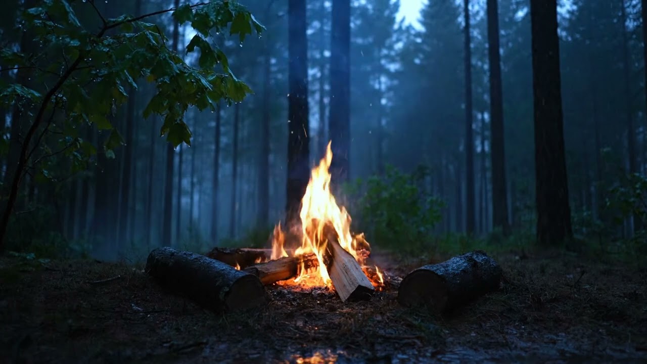 ASMR Rain in a Forest with Campfire and Cozy Atmosphere
