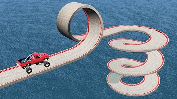 Impossible Loop Spiral Bridge Crossing Cars Vs Cliff and Deep Water - BeamNG.Drive