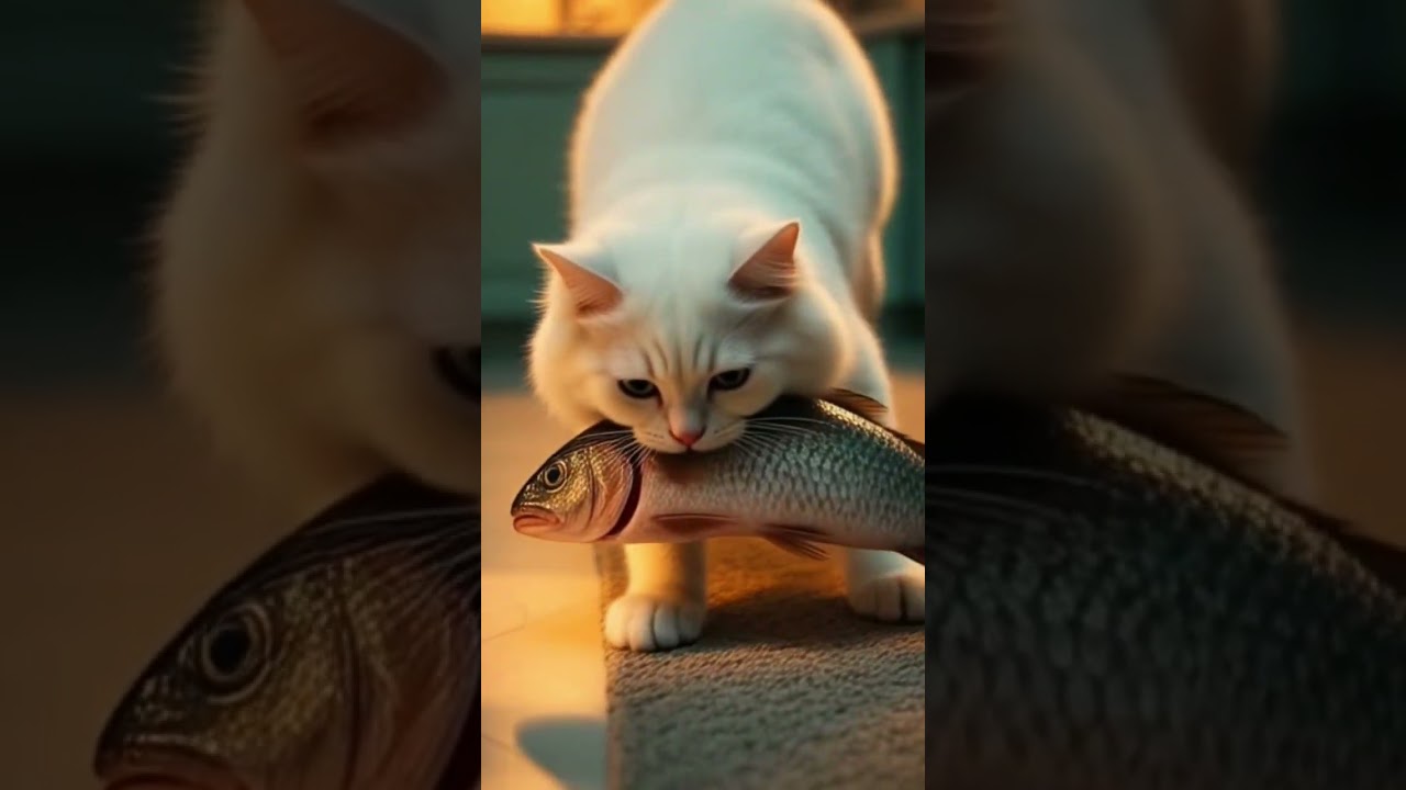 A Fluffy white cat stole a raw fish at the kitchen 