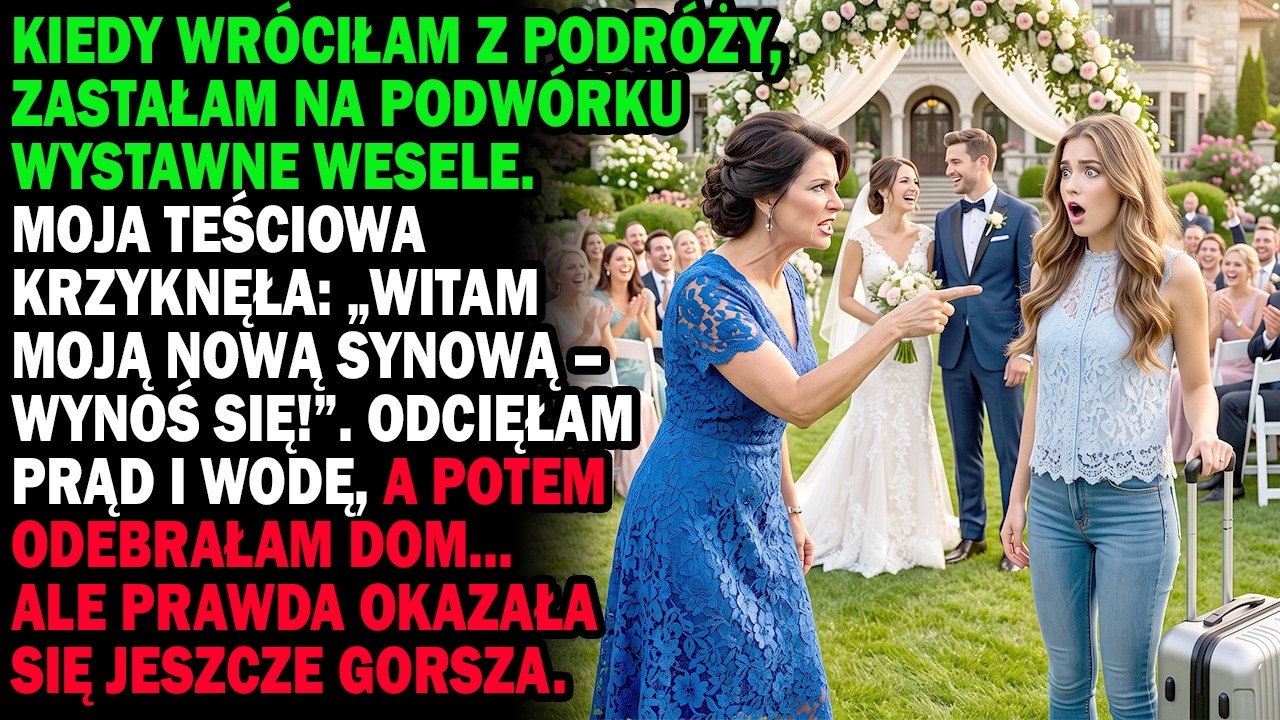 Wróciłam z podróży służbowej do własnego domu, a tam, na podwórku, trwało huczne wesele. Moja teściowa zablokowała mi drogę przy bramie i warknęła: „Mój syn żeni się dziś z prawdziwą kobietą....
