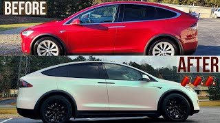 Tesla Model X Gets Chrome Delete and Satin Black Wheels on Matte Aurora Pearl Wrap