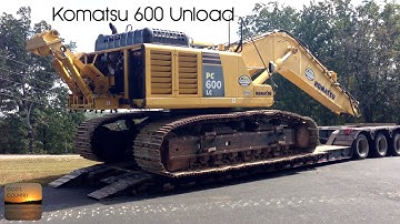 Komatsu PC 600 LC Excavator Unloading From Lowboy Trailer