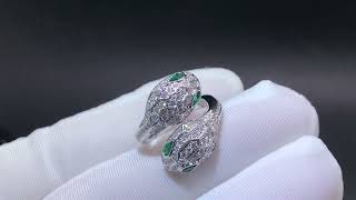 Bvlgari Serpenti Seduttori 18k White Gold Ring Pave Diamonds with Emerald Eyes