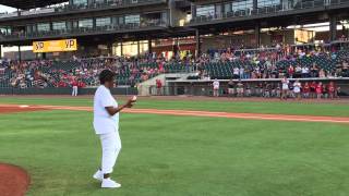 Pancreatic Cancer survivor, Brenda Stewart, throws out the first pitch.