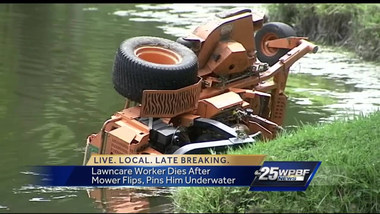 Man dies after being trapped under lawnmower in pond - YouTube