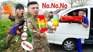 Battle Nerf War: Ice Cream Shopkeeper & Blue Police Nerf Guns Robbers Group Brother ICE CREAM BATTLE