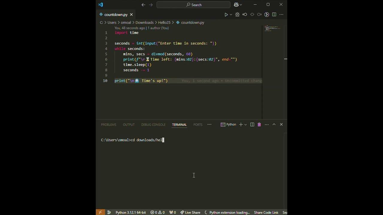 🔥Code a Countdown Timer in Python⏰ in seconds😱#programming #coding # ...