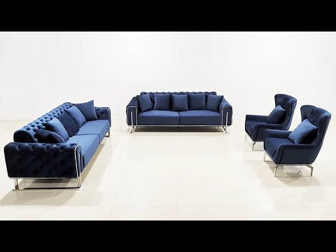 Modern Blue Velvet Tufted Sofa Set