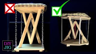 In the first version of this "impossible stool" i used chains however,
had several disadvantages. 1. made a noise. 2. chair was too high ...