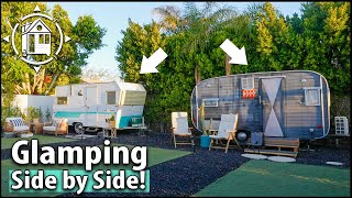 Couple stays in VINTAGE CAMPERS parked side-by-side for backyard glamping