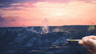 How to paint water - how to paint a realistic sunset seascape painting tutorial