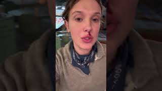 Millie Bobby Brown has a quick coffee break on set of Stranger Things 5