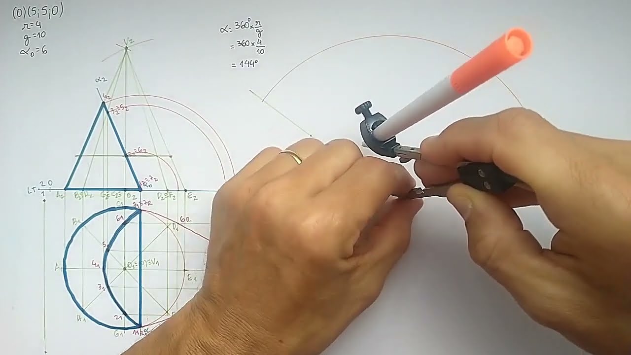 Épura e desenvolvimento de superfície de cone reto seccionado por plano de topo - seção parabólica