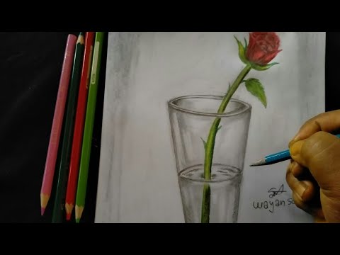 Cara gambar gelas dan bunga mawar dengan mudah - YouTube