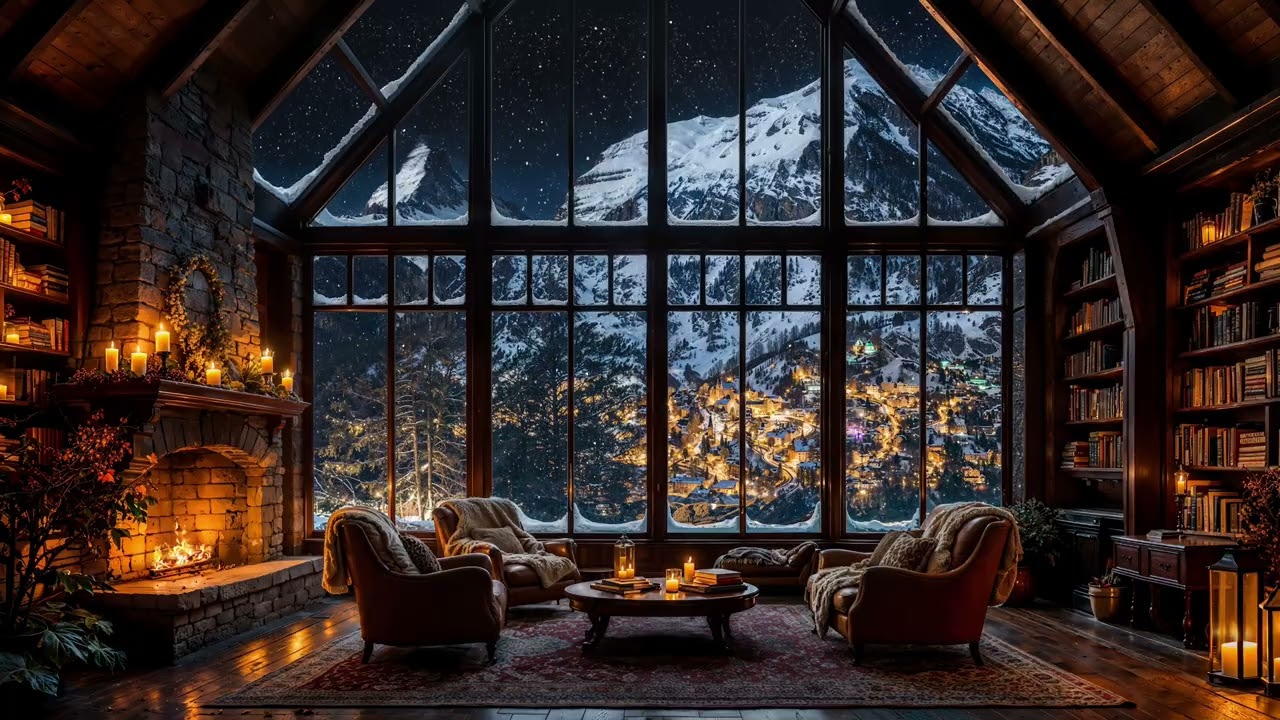 Crackling Fire & Winter Ambience for Deep Sleep, Relaxation & Study - Cozy Snowfall Fireplace Night