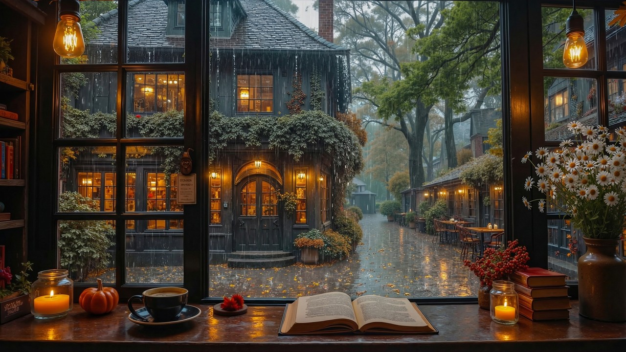 Cozy Rainy Street Café Jazz | Soft Piano Jazz with Warm Candle Ambience for Study & Work