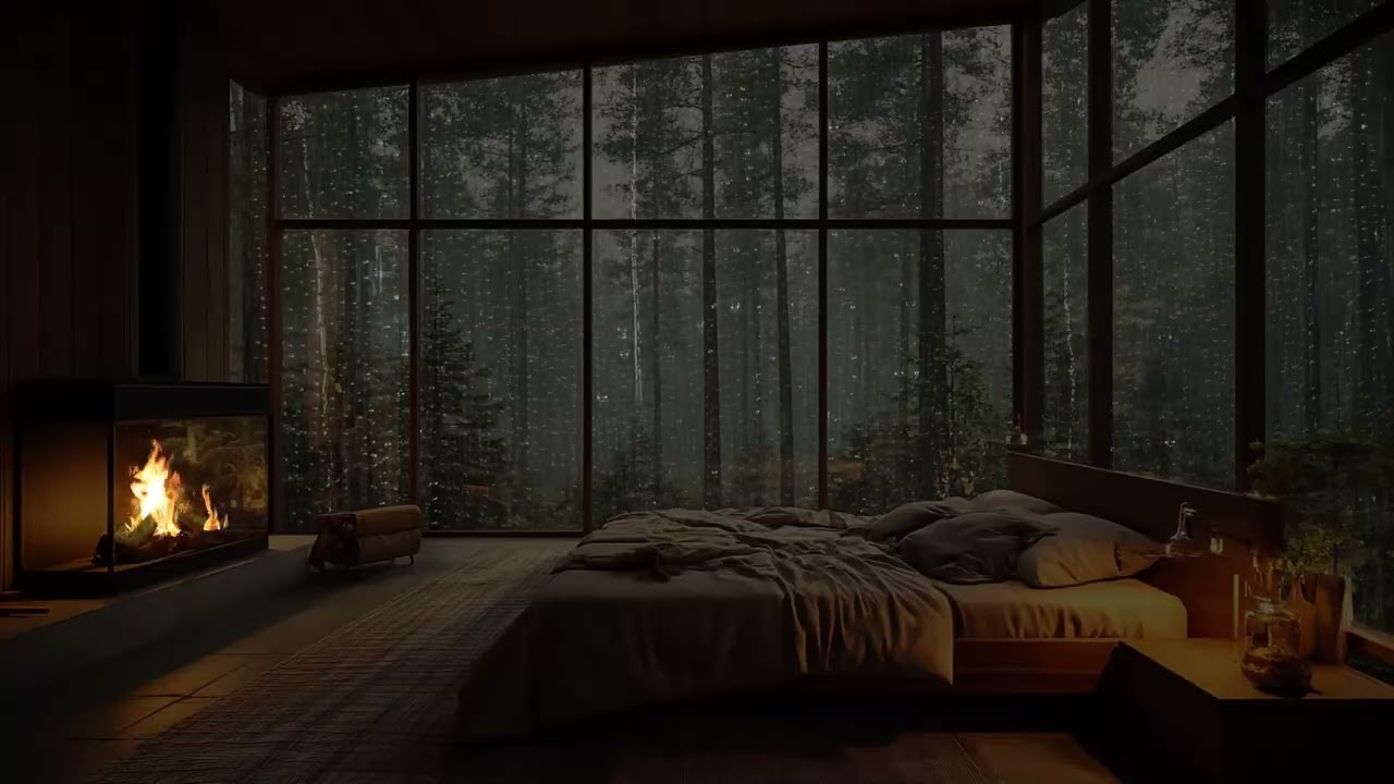 Unwind and Relax with Heavy Rain Sounds and Fireplace in Cozy Forest Room Ambience
