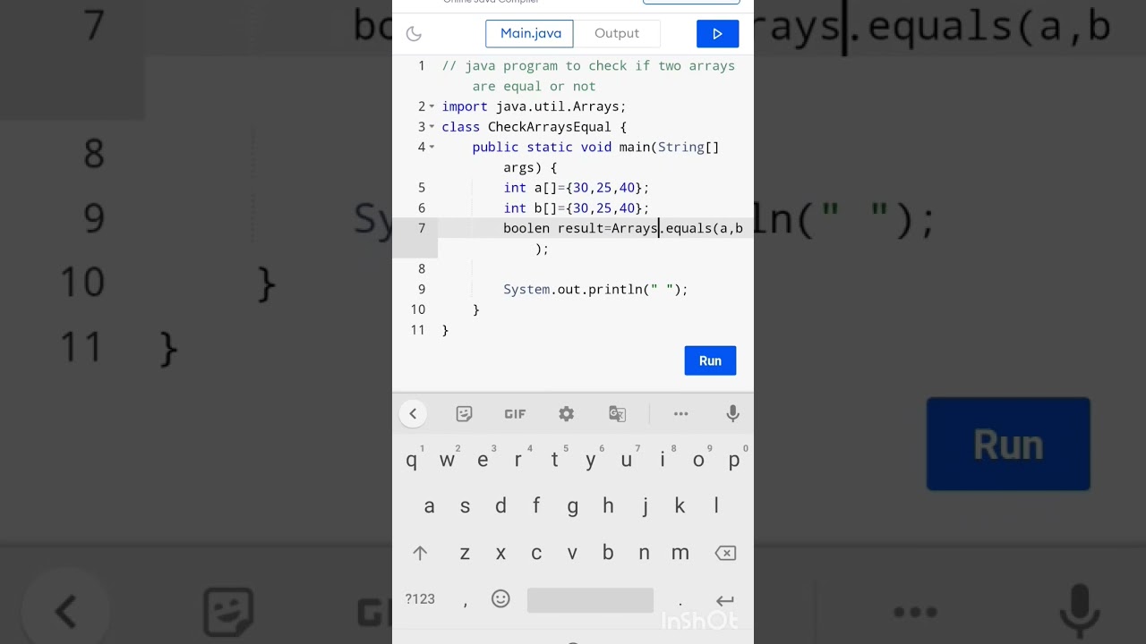 Java program to check if two arrays equal are not #codingguru #youtubeshorts 😎