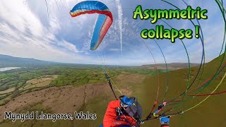 Paraglider asymmetric collapse at Mynydd Llangorse, Wales - May 2024