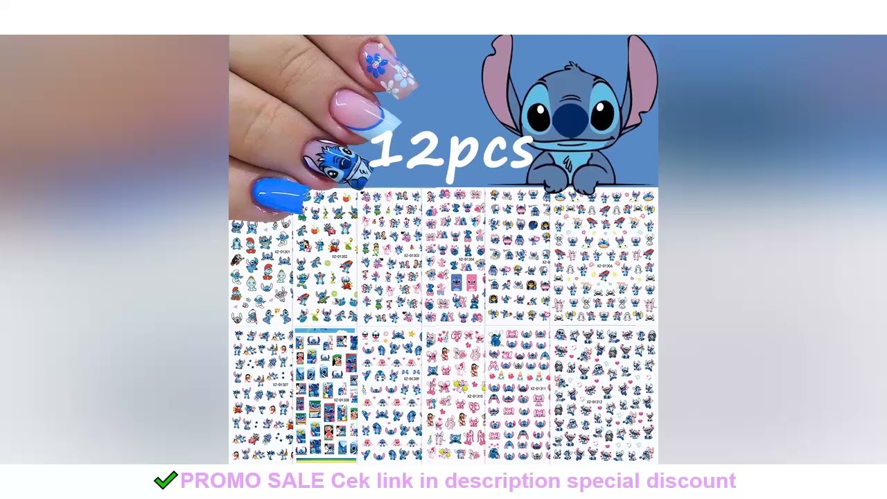 12sheet Cartoon Stitch Angel Nail Stickers Set Multiple Action Kawaii Stitch Nail Art Decals Adhesiv