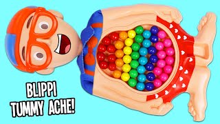 Blippi Eats Too Many Rainbow Gumballs & Visits Toy Ambulance Hospital Play Doh Operation Checkup!