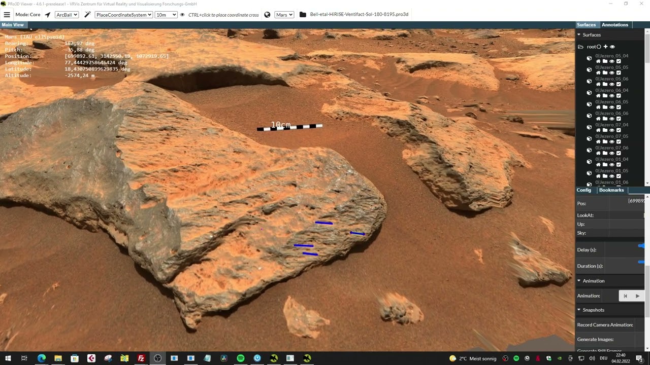 QZCAM Sol0180 ZCAM8195 Z110 L0R0 PRo3D Ventifacts and Rover Trajectory