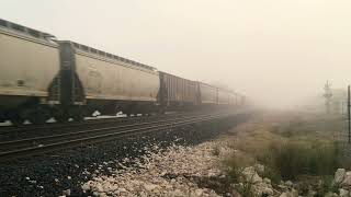 KCS 4808 leads empty grain train and disappearing into the thick fog, Rosenberg TX 12/26/2021