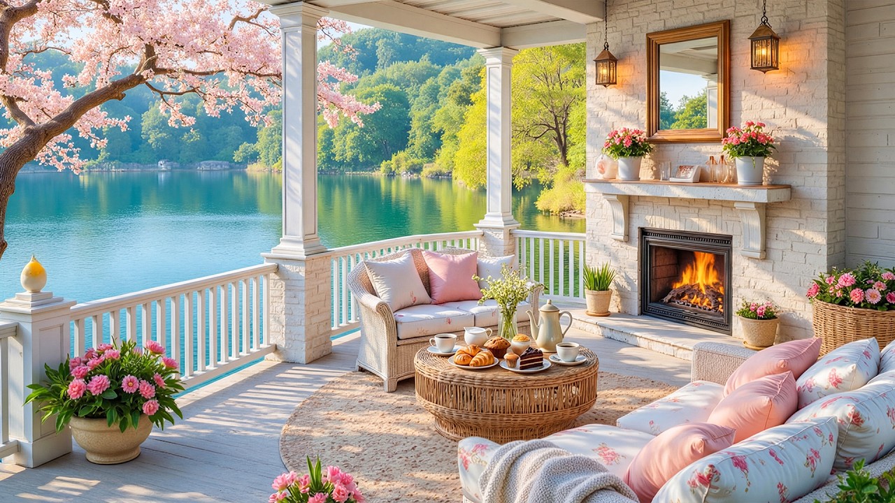 Cozy Spring Porch Ambience 🌿 Gentle Piano Music and Crackling Fireplace for Stress Relief