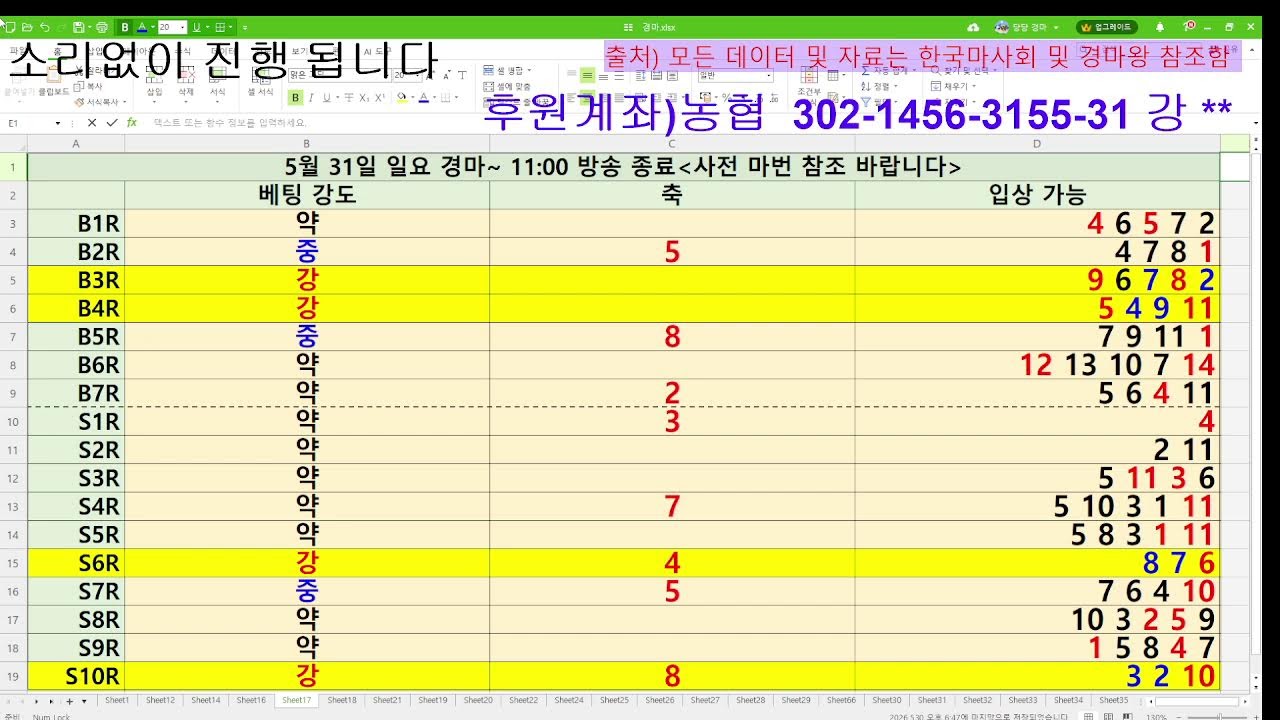 2026년 5월 31일 일요 경마 실시간 예상