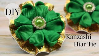 DIY Kanzashi Hair Tie/St. Patrick&#39;s Day Ponytail holder /Kanzashi Clover