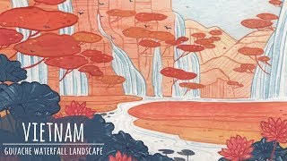 Waterfall Landscape Vietnam Gouache Painting