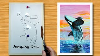 Easy Acrylic Painting / Orca Whale Jumping out of Water / Sunset / Relaxing Art