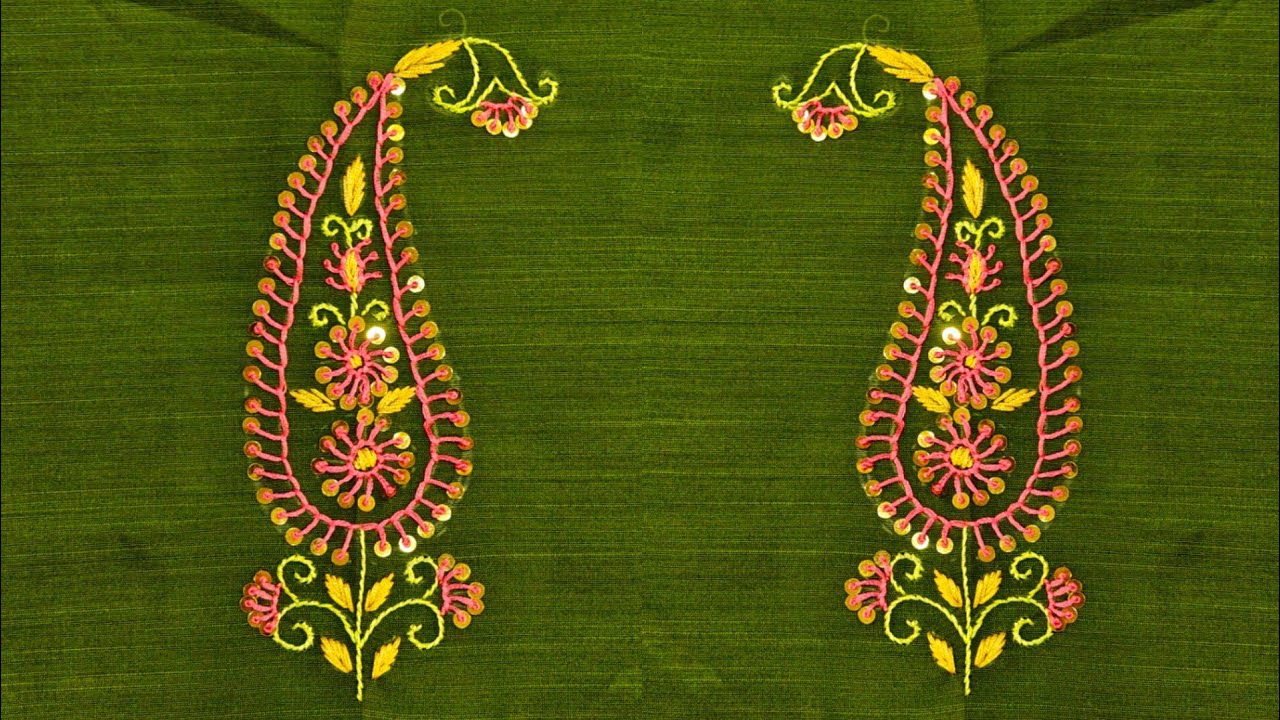 Grand looking hand embroidery design on blouse using normal needle and silk thread 