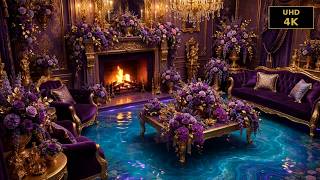 Luxury Fireplace LIVE 24/7 | Cozy Purple & Gold Room Ambience with Soft Piano | 4K Relaxing screenshot 3