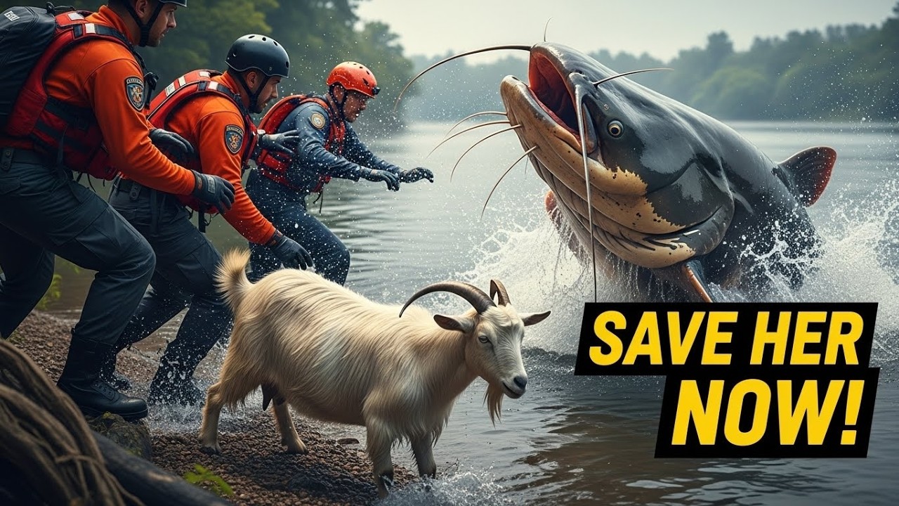 Heroic Rescue Team Saves Mother Goat from a Giant Catfish Attack!
