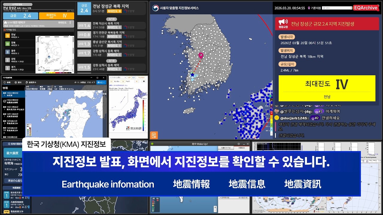 [국내지진정보] 규모 2.4 / 최대 진도 Ⅳ 지진 | 전남 장성군 북쪽 18km 지역 - EQArchive