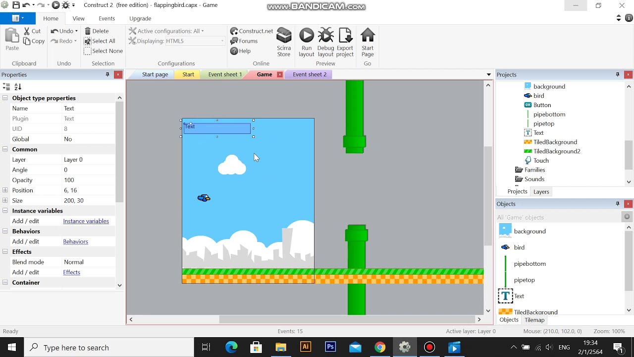 Construct 2 สอนสร้างเกมอย่างง่าย flappingbird - YouTube
