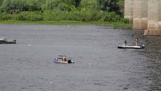 Nizhny Novgorod, Russia, Oka River, 06.11.2923. Fishermen on the river catch fish from a boat in
