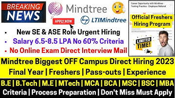 Mindtree Official Freshers Hiring Program Started 2023-2019 Batch No Criteria Direct Interview 8 LPA