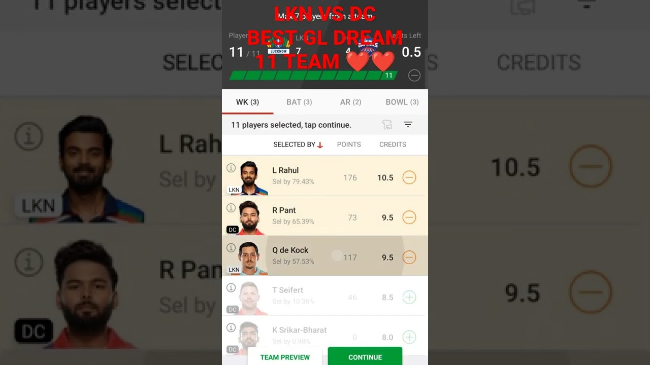 LKN VS DC BEST GL IPL DREAM 11 TEAM ❤️❤️