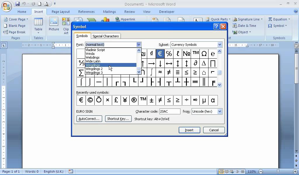 microsoft word symbols character codes