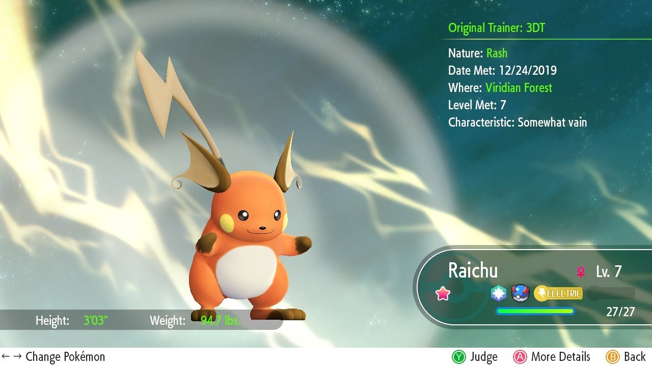 026 Raichu Shiny evolved from Pikachu Shiny Pokemon Let's Go. 