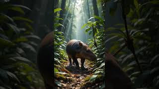 A tapir slowly walks through a dense tropical rainforest