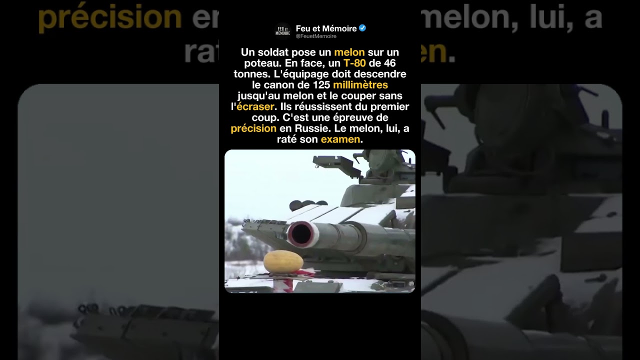 Un char T-80 coupe un melon en deux avec le bout de son canon 