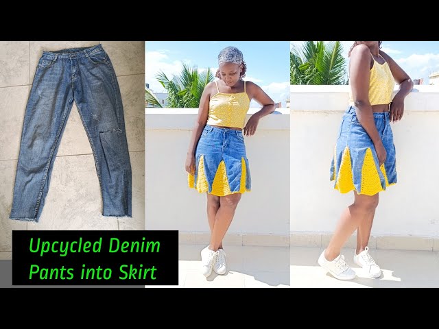 Up cycling a Pair of Denim Pants into a Skater Skirt with Crochet