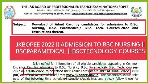 JKBOPEE 2022 || ADMISSION TO BSC NURSING , BSC PARAMEDICAL , BSC TECHNOLOGY COURSES || ADMIT CARD