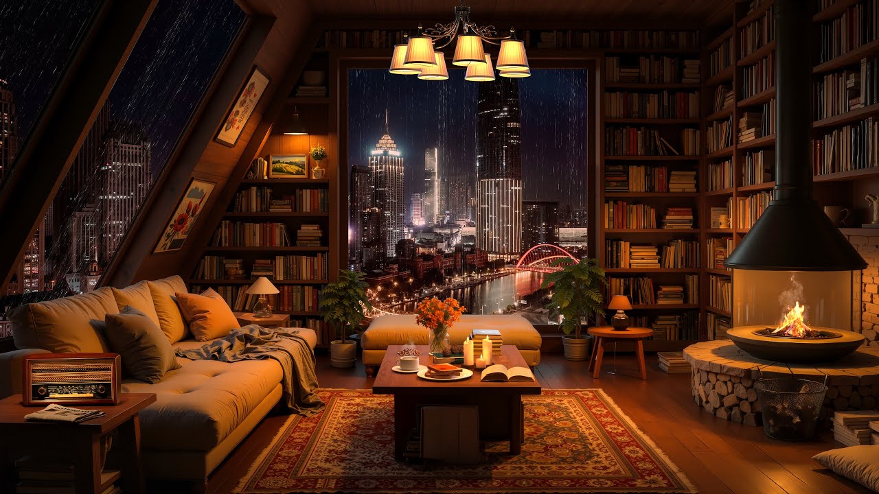 🌧️ Rainy City Library Jazz 2026 🔥 Fireplace Glow & Cozy Night Reading Ambience for Deep Relaxation